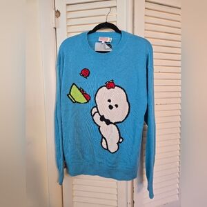 Playful Blue Sweater with Bear and Strawberry Design
